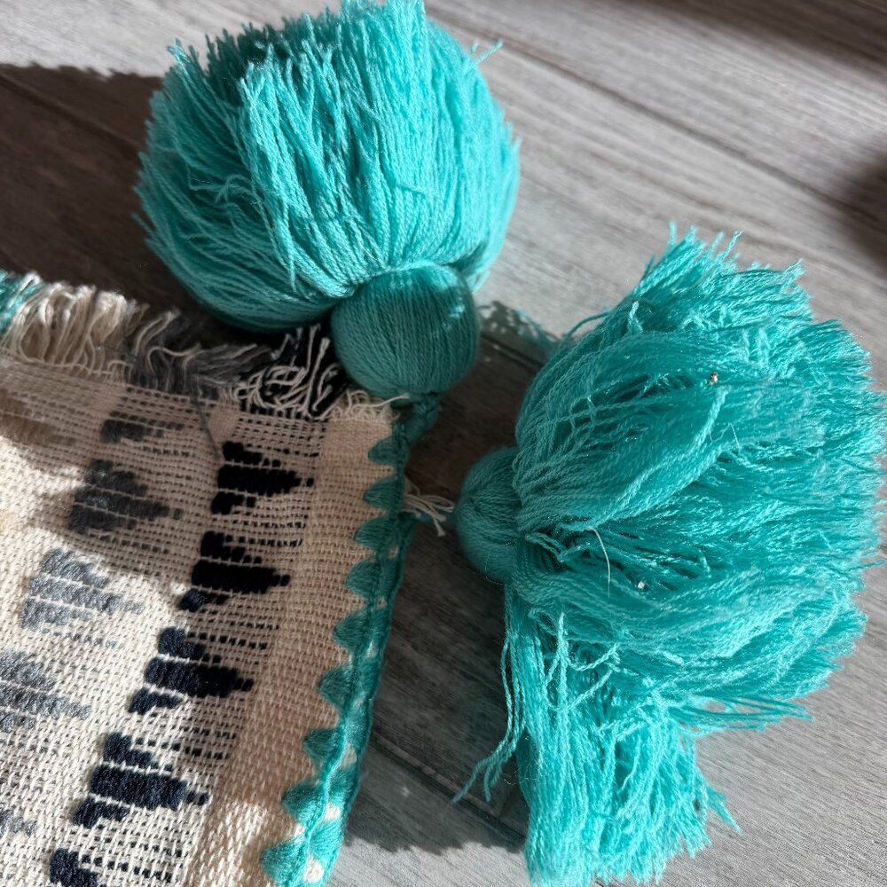 Set of 2 Turquoise Lightweight Throw Blankets | Fringe + Pom Pom Details